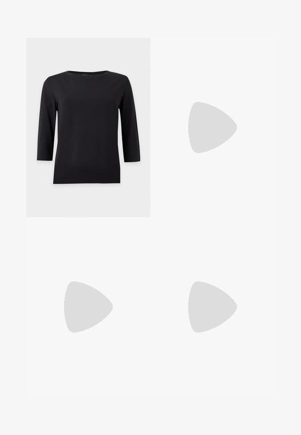 Camiseta negra de manga larga con cuello redondo y un diseño simple y ajustado sobre un fondo blanco.; Pantalones negros de pierna ancha con una textura suave y mate. Cintura plana sin herrajes visibles ni patrones. Diseño simple y elegante.; Zapato plano de punta puntiaguda de cuero negro con tacón bajo y acabado liso, mostrado de perfil sobre un fondo gris claro.; Pequeño bolso de mano de cuero burdeos con cierre metálico plateado y correa de muñeca sobre un fondo blanco.