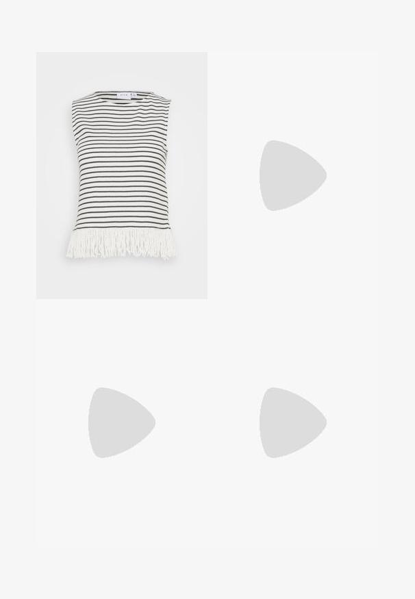 Top en maille sans manches avec des rayures horizontales noires et blanches, comportant une bordure frangée blanche texturée le long de l'ourlet inférieur.; Jean en denim bleu clair avec une coupe droite, cinq poches, fermeture à bouton à l'avant et décoloration subtile sur le tissu.; Baskets en toile blanches avec une épaisse semelle plateforme blanche, bout rond et œillets en métal pour les lacets. Logo de la marque affiché sur le côté.; Petit sac à main crème avec une finition texturée, une longue sangle réglable, un accent en chaîne et une fermeture à rabat. Détails en matériel doré.
