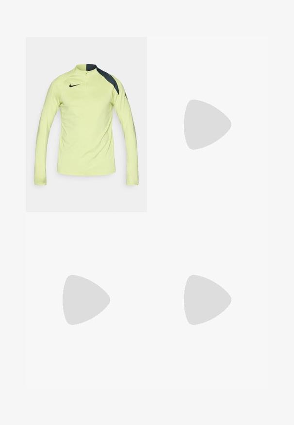 Langærmet atletisk skjorte i lys gul med halv-zip hals, sorte skulderdetaljer og et glat, letvægtsstof. Nike-logoet er præsenteret.; Sort atletiske shorts med et glat, let stof, elastisk talje og en hvid Nike-logo accenter tæt på kanten.; Sorte træningssko med blå detaljer, tekstureret syntetisk overdel, snørelukning og gummisål. Har en fremtrædende side logo detalje.; Læder- og grå strikkede handsker med en tekstureret sort læderpalme, ribbede manchetter og diamantmønsterdetaljer på bagsiden.