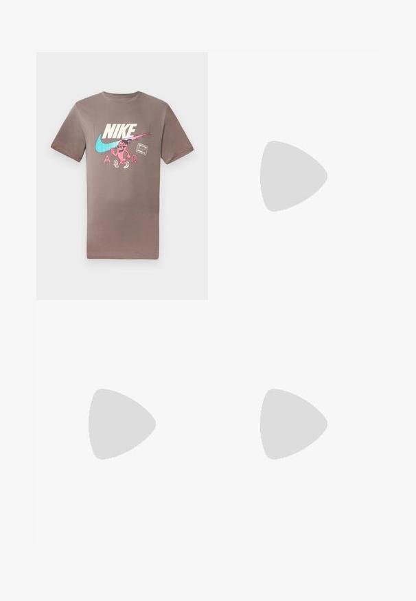 Camiseta de algodón marrón con un gráfico colorido de un personaje con gafas de sol, junto a los logos de Nike y Air en colores contrastantes.; Pantalones cargo verde oliva con cintura elástica, cierre con cordón, bolsillos laterales y logotipo de la marca en el muslo. Tejido suave de mezcla de algodón.; Zapatilla de running blanca con parte superior de malla, punta redondeada, acentos negros y una suela con patrón. Presenta cordones y una marca en el lateral.; Arnette MWAMBA - Gafas de sol - transparent