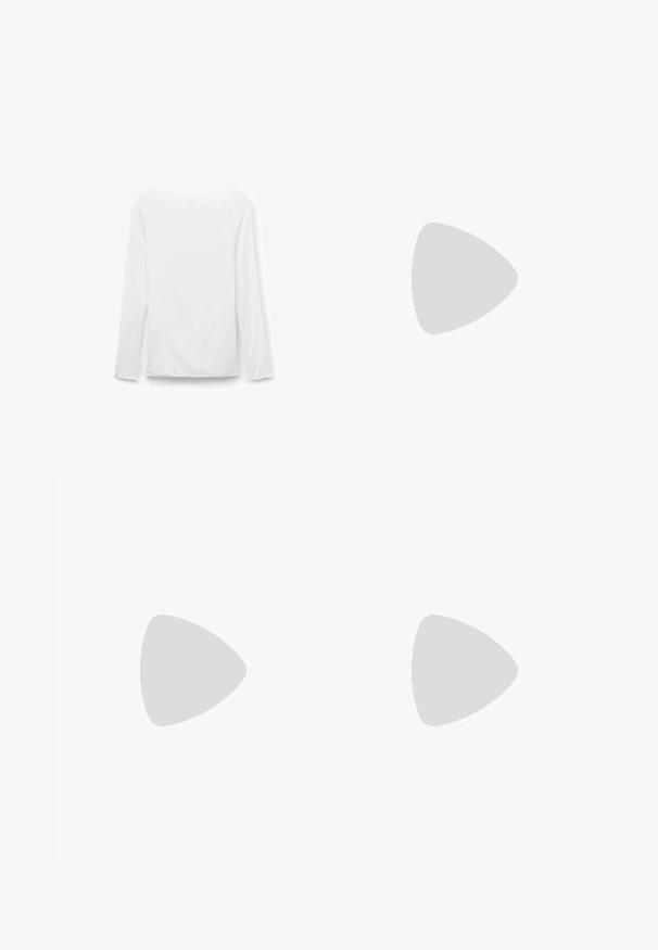 Witte langarmige bootnek shirt, effen ontwerp, plat uitgestald tegen een witte achtergrond, voorkant zichtbaar.; Donkerblauwe denim jeans met een rechte pijpdesign, voorkleurige zakken en een sluiting met twee knopen. De stof heeft een gestructureerde afwerking.; Tamaris Cowboy-/Bikerlaarsjes - black leather; Zwarte leren handtas met zilverkleurige V-vormige metalen accenten, twee bovenhengsels en een afneembare schouderriem op een effen lichte achtergrond.