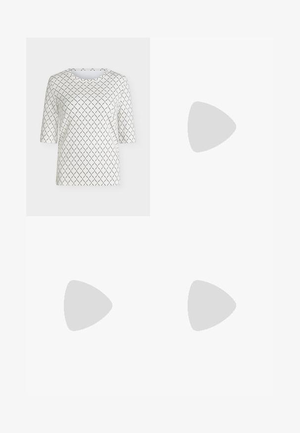 Hvid top med korte ærmer med sort kædelinks mønster, der danner diamanter over hele stoffet, og rund halsudskæring.; Sort A-formet nederdel med bred hvid vandret stribe nær kanten, tætsiddende taljebånd og knælængde design på ensfarvet baggrund.; Brune læder loafer med en guldaccent spænde, sort blokhælt og en glat tekstur. Sidevisningen viser en rund tå og stikninger.; Hobo-taske i cremefarvet læder med en enkelt skulderrem, glat tekstur og et guldfarvet spænde foran.