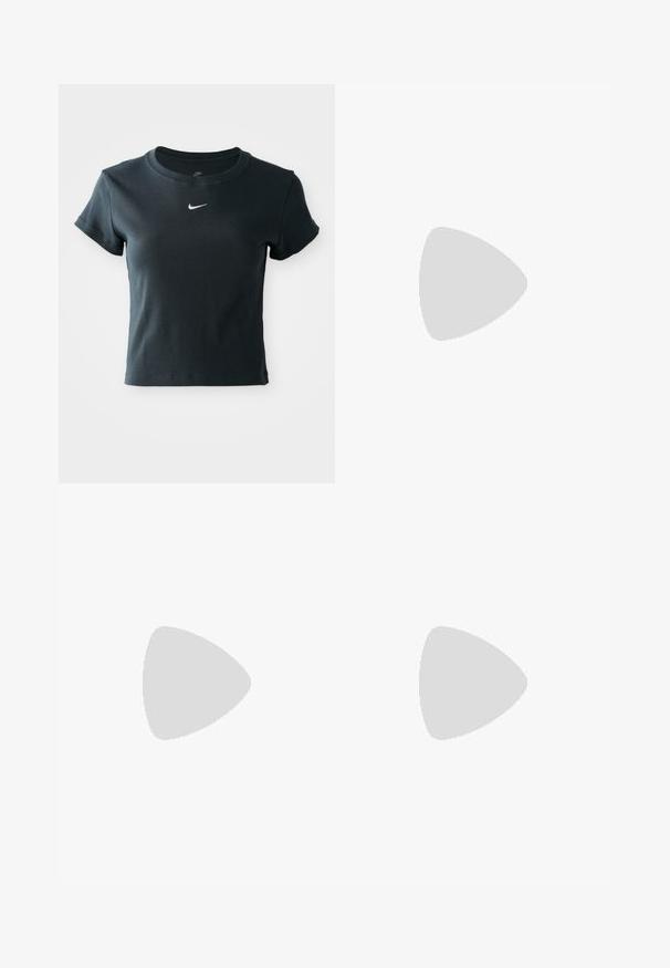 Camiseta de manga corta negra, ajustada y de canalé, hecha de tela suave, con un pequeño logo de Nike en blanco en el pecho.; Pantalones de chándal blancos y de pierna ancha con cintura elástica, cordón, aberturas laterales, logo negro de Nike y texto gráfico en amarillo contrastante.; Zapatillas Nike P-6000 con parte superior de malla gris claro, acentos negros y suela de goma negra duradera. Presentan un diseño intrincado y un sistema de cordones.; Bolso hobo en gris claro, material suave, forma redondeada. Combinado con una blusa negra de manga larga y una falda de cuero negra con una abertura frontal.
