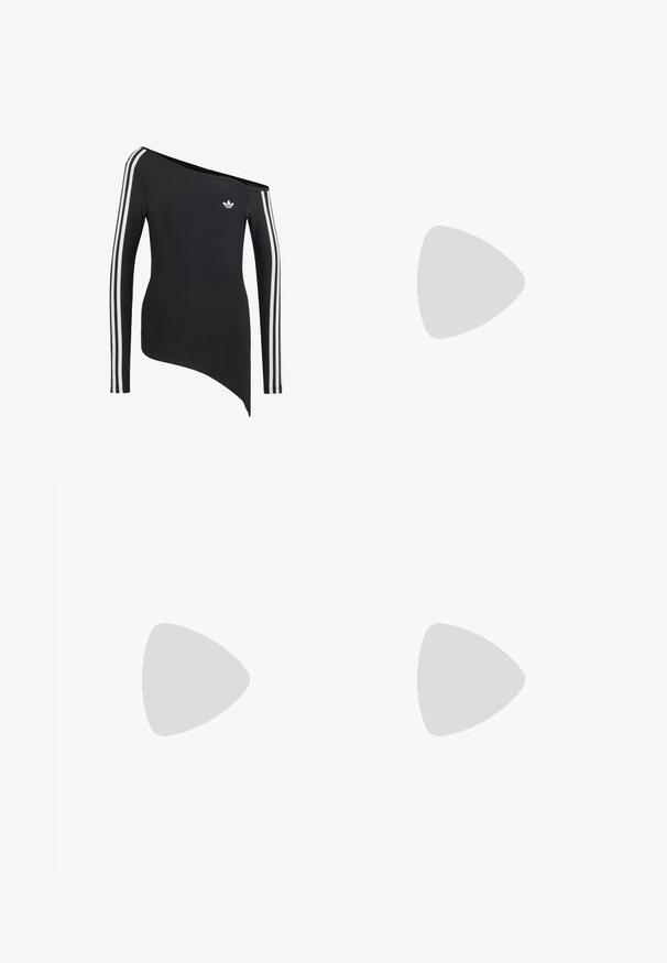 Top negro de manga larga con tres rayas blancas en las mangas, escote asimétrico off-shoulder y un pequeño logo blanco de Adidas en el pecho.; Shorts deportivos negros hechos de un tejido suave, con cintura ajustable mediante cordón, bolsillos laterales y tres franjas blancas a lo largo de los lados.; adidas Originals SUPERSTAR II - Zapatillas - core black/footwear white/gold metallic; Bolso de mano de cuero negro con una forma holgada, adornado con tachuelas plateadas y una correa ancha para el hombro. Textura suave con un diseño fruncido.