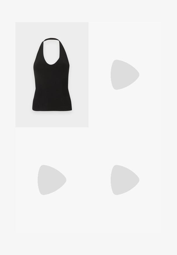 Top negro sin mangas con cuello halter, escote redondeado y tejido ajustado de canalé.; Pantalones negros anchos con cintura elástica y bajos elásticos, mostrados extendidos sobre un fondo gris claro.; Chancla negra con suela de goma de textura suave y correas sintéticas elegantes. El diseño incluye un hardware minimal y un perfil bajo.; Gafas de sol negras rectangulares con lentes amarillos. Presentan montura gruesa y un diseño angular con un acabado liso y brillante.
