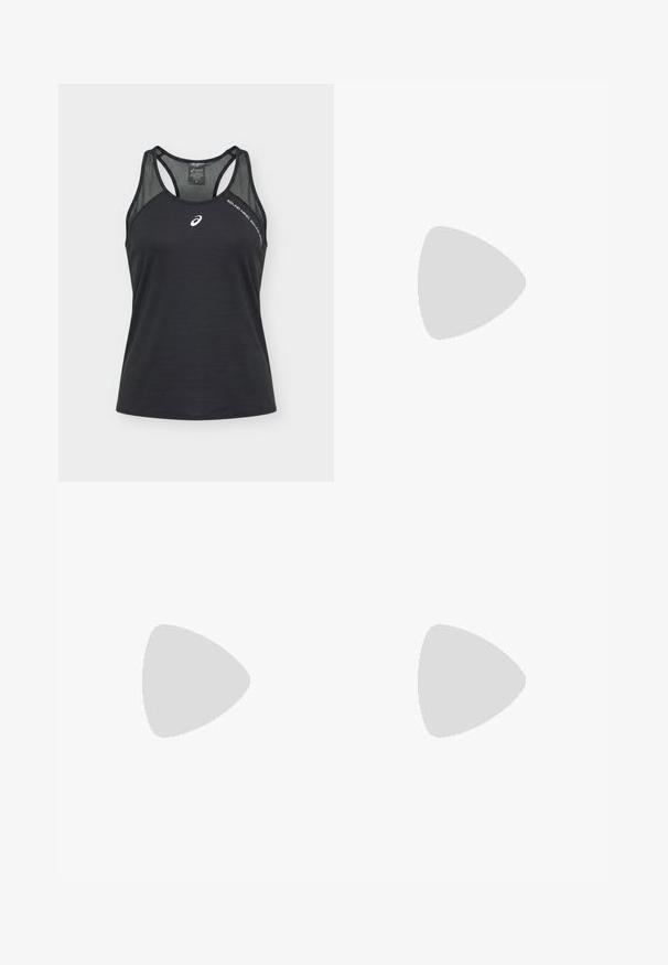 Zwarte mouwloze Asics sporttop met mesh schouderpanelen, wit logo op de borst en tekst "SOUND MIND SOUND BODY" nabij de schouder.; Zwarte sportieve shorts met een gladde textuur, een aansluitend ontwerp en een hoge tailleband. Voorzien van contrasterende stiksels en een klein logo op het onderbeen.; Zwarte sportieve schoenen met een gestructureerde mesh bovenkant, witte accenten en een gewatteerde witte zool. Heeft een logo aan de zijkant en veters.; Zwarte vingerloze handschoenen met een gestructureerd ontwerp. Gemaakt van een ademend materiaal, met een duimopening en versterkte palm voor grip.