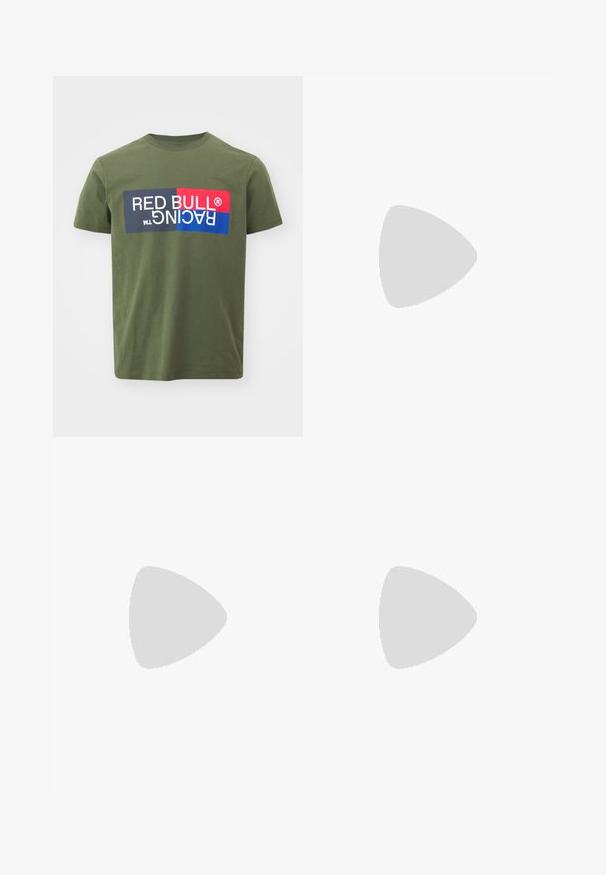 Oliven grøn bomuld t-shirt med et stort grafisk tryk med "RED BULL RACING" i hvid, rød, blå og sort. Korte ærmer og rund hals.; Blå svømmedragter med elastisk talje, hvid snøre og sorte sidelapper med tre hvide striber og Adidas-logo.; Hvide sneakers med en tekstureret overdel, sorte detaljer og en ternet hæl. Har en beige gummisål og snørelukning.; Sorte solbriller med refleksive blå rektangulære linser og det mærkede Carrera-logo på glasset og stængerne.