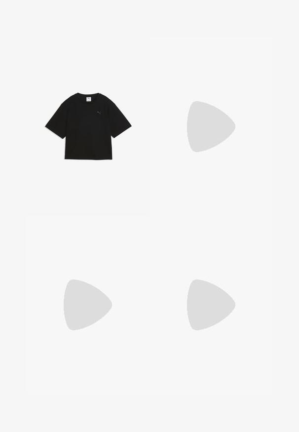 Zwarte korte mouwen cropped T-shirt met ronde hals en een klein Puma-logo op de borst.; Zwarte sportbroek met een elastische tailleband, zijsnapknopen en een wit Puma-logo aan de voorkant. Gemaakt van lichtgewicht stof.; Paarse suède en mesh sneaker met mintaccenten, vetersluiting en een gestructureerde gumzool. Bevat PUMA-branding aan de zijkant.; Kleine groene iriserende schoudertas met zwarte rand, zwarte verstelbare band, ritssluiting en Puma-logo middenvoor.