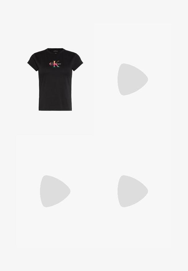 Zwart T-shirt met korte mouwen en een klein meerkleurig Calvin Klein-logo midden op de borst.; Lichtblauwe jeans met hoge taille en wijde pijpen, voorzien van voorzakken, riemlussen en een knoopsluiting.; Zwarte leren platte schoen met ronde teen en lage hak, ontworpen voor casual of formele gelegenheden.; Zwarte leren schoudertas met gebogen driehoekige vorm, enkele verstelbare riem en zichtbare diagonale naad aan de voorkant.
