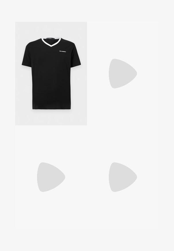 Sort kortærmet V-hals T-shirt med hvid kant på kraven og lille hvid "KARL LAGERFELD"-logo på venstre bryst.; Mørkeblå denimjeans med lige ben, der har fem lommer, knaplukning og diskrete syninger.; Lav top cremefarvet sneaker med sort hælkappe, cremefarvede snørebånd og sort broderet logo på siden, flad sål, minimalistisk design.; Sort nylon clutch taske med et tekstureret logo-patch, en lynlås lukning og en justerbar rem. Kompakt rektangulær form.