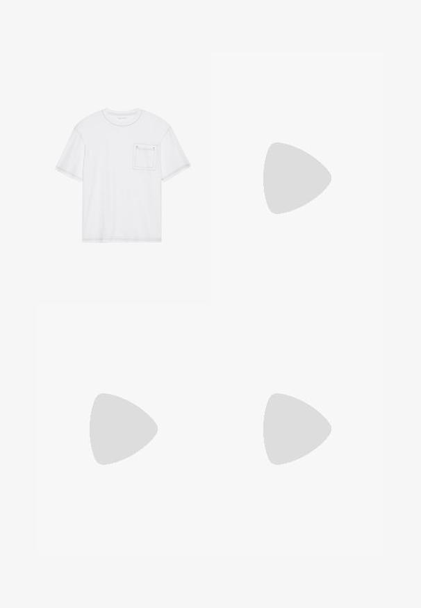 T-shirt en coton blanc à manches courtes, col rond et poche poitrine. Présente des coutures contrastantes le long des bords.; Shorts de bain noirs en tissu texturé, dotés d'une taille élastique et de poches latérales, avec une coupe ample.; Baskets blanches avec des accents noirs et gris, présentant un embout texturé gris, une semelle en caoutchouc noir et des lacets plats blancs. Design épuré, style minimaliste.; Lunettes de soleil noires rectangulaires avec des verres foncés. Les branches fines et plates présentent un accent doré. Monture en plastique lisse avec une finition mate.