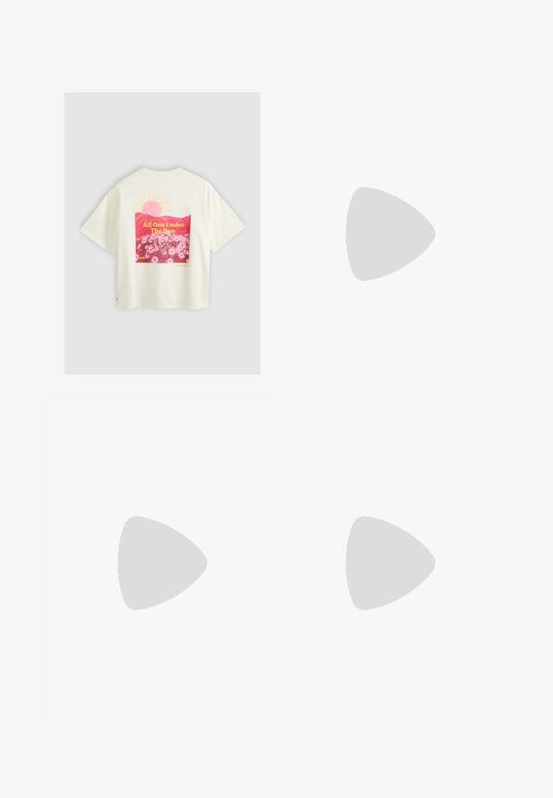 Hvid T-shirt med korte ærmer med en pink sol, et bjerg og blomster grafik, og gul tekst med teksten "All One Under The Sun" på bagsiden.; Denim nederdel med wrap-design, mørkeblå farve og en knyttet talje. Har syning detaljer langs kanten og sidesømmen.; Hvide høj-top sneakers med lynlåslukning, snørresystem og sorte striber på en tyk sål. Tekstureret kanvasmateriale.; Lyseblå denim skuldertaske med bred rem og synlig central søm, vist mod en ensartet lys grå baggrund.