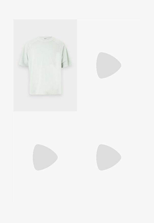 Lyse mintgrøn, kortærmet T-shirt med rund hals og raglanærmer samt Drykorn mærketag på bagsiden af kraven.; Grå denim jeans med en slidset finish, lige ben og fem-lomme design. Har et label med "FORMER" på taljebåndet.; Sorte læder Chelsea-støvler med elastiske sidepaneler, hækle-tab bagpå og robust gummisål. Glat overflade, rund tådesign.; Blå stof crossbody-taske med tekstureret overflade, med flere lynlåslommer og en skulderrem. Calvin Klein-logo på forsiden.