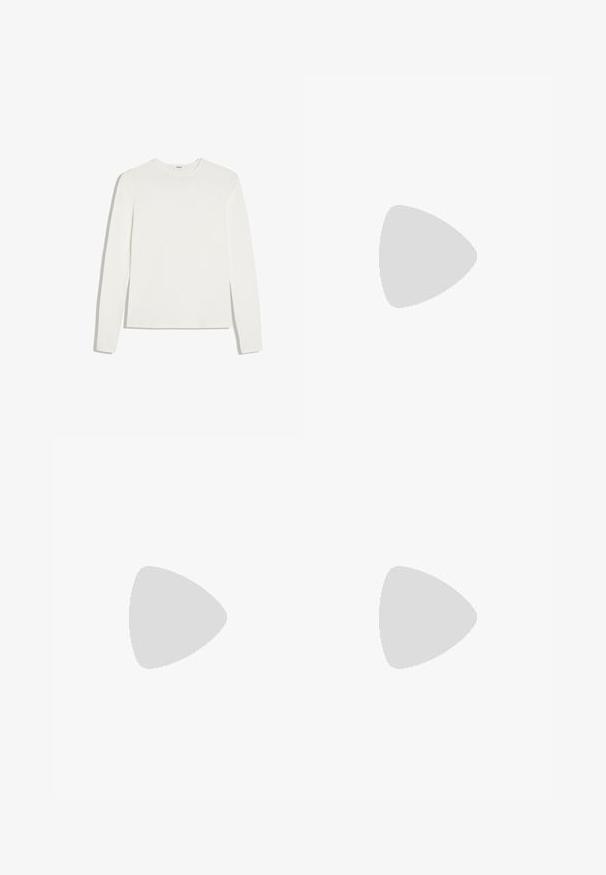 T-shirt blanc uni à manches longues avec col rond et coupe ajustée, posé à plat sur un fond blanc.; Pantalons gris à jambes larges avec une finition texturée, dotés de plis avant, d'un système de fermeture à boutons et d'une taille sans passants pour ceinture.; Ballerine en cuir verni marron avec un bout carré et une lanière ornée d'une petite boucle dorée. Texture lisse, talon bas et design minimaliste.; Sac à main bordeaux en matériau brillant, de forme rectangulaire, avec deux anses et des accents légèrement courbés à l'avant.