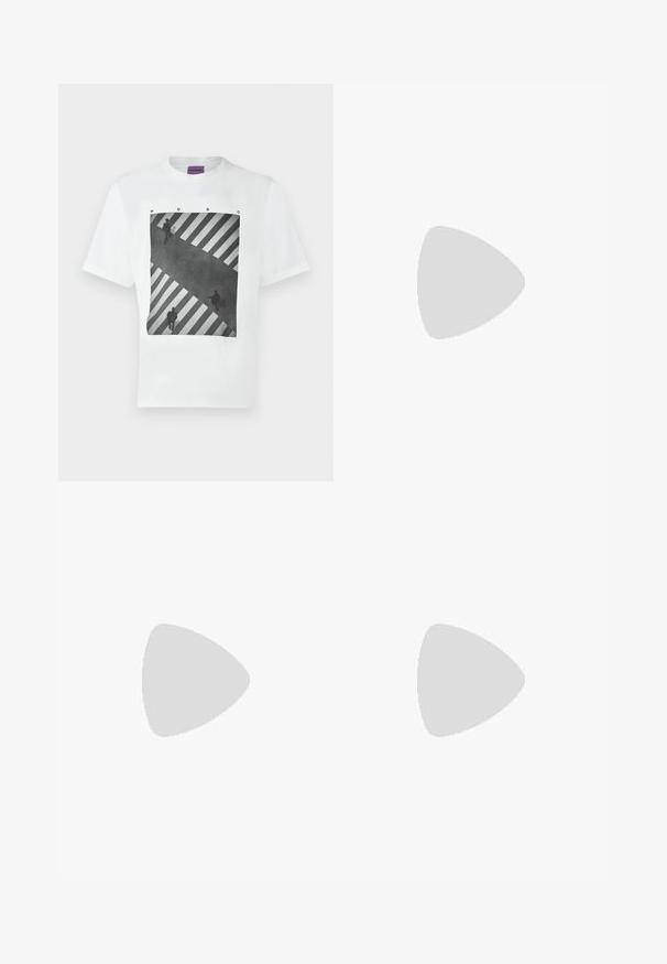 Wit T-shirt met zwart-wit fotoafbeelding van drie personen die een gestreepte oversteekplaats oversteken, met de tekst "HUGO" boven de afbeelding.; Grijze katoenen chino's met een rechte pasvorm, voorzien van een knoopsluiting, riemlussen en zijzakken. Soepele textuur met minimale stikseldetails.; Zwarte leren loafer met dikke rubberen zool, gestikte bovenkant en gegraveerde merknaam op de hiel, zijaanzicht op witte achtergrond.; Zwarte leren schoudertas met een gestructureerd oppervlak, een ritsvak aan de voorkant en een verstelbare stoffen schouderband. Eenvoudig vierkant ontwerp.