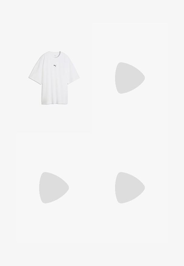 Camiseta blanca oversize de manga corta con un pequeño logo negro de Puma centrado en el pecho.; Pantalones cortos de denim azul claro con cintura alta, costuras visibles, dos bolsillos delanteros y cierre de botón de metal. Textura suave.; Zapatillas blancas de encaje con parte superior texturizada, puntera redonda y suela de goma plana. Presentan un logo lateral y un delicado patrón floral.; Pequeño bolso de hombro verde iridiscente con ribetes negros, correa ajustable negra, cierre con cremallera y logotipo de Puma en el centro frontal.