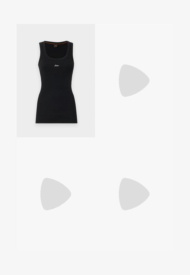 Zwarte geribbelde tanktop met een ronde halslijn. Heeft een klein wit "Boss"-logo aan de voorkant en een contrasterende oranje accent binnenin de kraag.; Zwarte denim jeans met een slim fit, voorzien van een hoge taille, klassiek vijf-pocketontwerp en een subtiele glanstextuur. Standaard voorste knoopsluiting.; Zwarte leren slingback schoen met spits toelopend neusje, hoge blokhak en beige binnenvoering tegen een effen lichte achtergrond.; Zwarte leren schoudertas met een driehoekige vorm, geperst logo en een enkele verstelbare riem. Minimalistisch ontwerp met een gladde textuur.