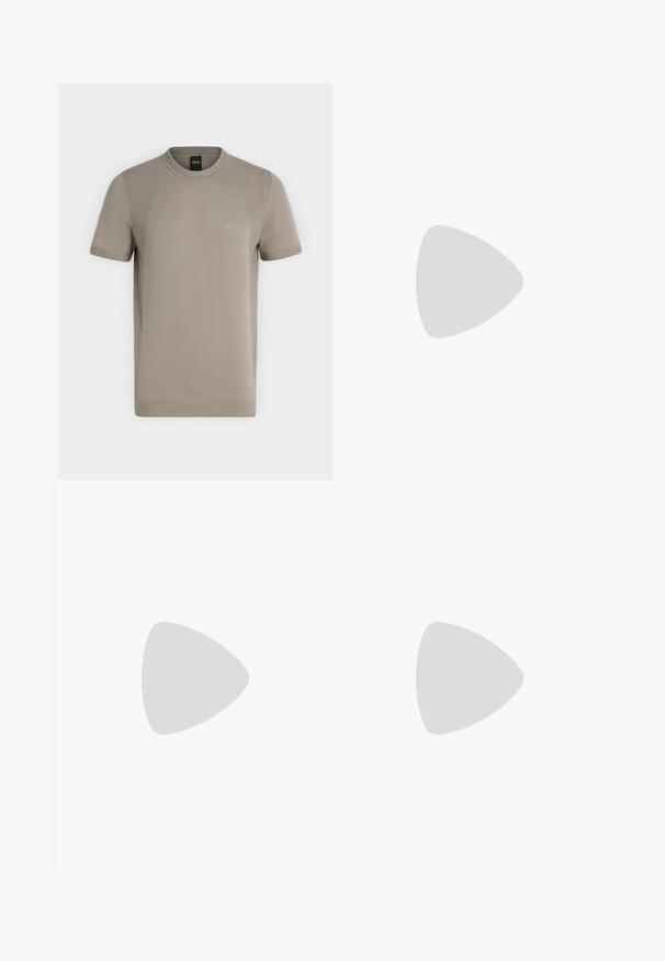 Beige kortærmet, rundhalset strikket T-shirt med subtile teksturerede sidepaneler og lille "BOSS" logo på venstre bryst.; Brune bomuldsblandede shorts med elastisk talje, justerbar snor og sidelommer. Har kontrastsyninger og et logo patch.; Sort læder herreloafer med krokodillepræget forstykke og lav hæl, vist i profil på en neutral baggrund.; Lille grå crossbody-taske med justerbar rem, lynlåslomme foran og præget "BOSS" logo på frontpanelet.
