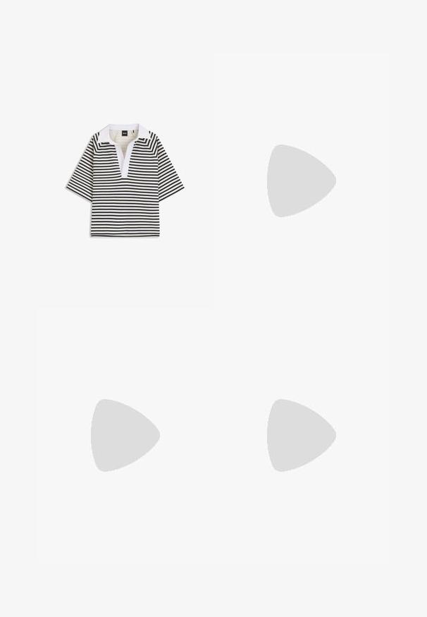 Chemise à manches courtes rayée horizontale noire et blanche avec un col ouvert blanc et une patte de boutonnage en V.; Une jupe taille haute, longueur genou, de couleur beige neutre, fabriquée dans un tissu lisse et doux, avec un design minimaliste sans ornements visibles.; Sandales noires à glissière fabriquées dans un matériau texturé, avec deux sangles réglables dotées de boucles. Semelle plate avec un motif de semelle pour une meilleure adhérence.; Paire de boucles d'oreilles créoles en bouclettes dorées brillantes sur fond blanc uni, présentant un design torsadé entrelacé.