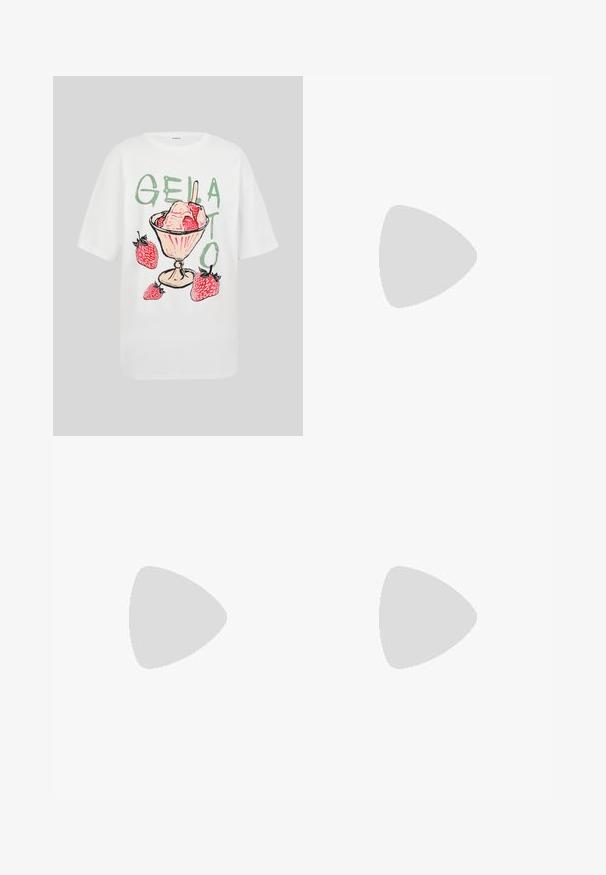 T-shirt blanc avec un gelato fraise rose dans une coupe en verre, entouré de quatre fraises, et le mot "GELATO" en lettres vertes.; Pantalon à jambes larges avec un motif à carreaux rose et blanc et une taille élastique, présenté sur un fond blanc uni.; Baskets montantes blanches en toile, semelle en caoutchouc noir et bande noire contrastante sur la semelle intermédiaire. Bout rond et design à lacets.; Lunettes de soleil transparentes roses avec des verres ovales, teintés d'un rouge foncé, et des branches fines, présentant une finition lisse et des détails subtils sur la monture.