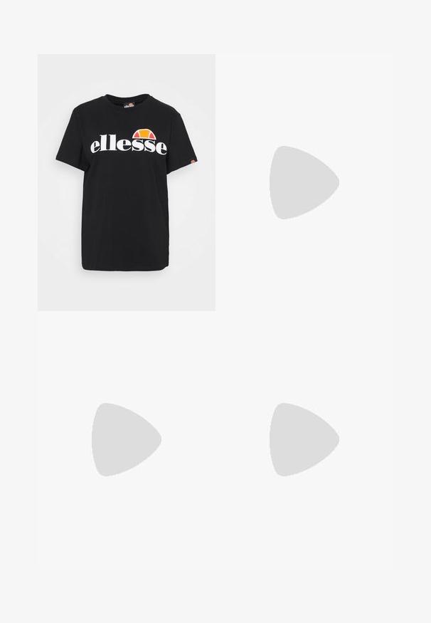 Sort bomulds t-shirt med et stort hvidt "ellesse" logo og en orange og gul accent over teksten. Korte ærmer og rund halsudskæring.; Lysblå denimnederdel med et tætsiddende talje, fem-pockets design, frontknaplukning og subtile falmede områder i stoffet.; Hvid lavtop lærredssneakers med hvide snørebånd, sorte striber på sålen og gummieret tekstureret tåhætte, sidevendt på hvid baggrund.; Guldøreringe med en glat, poleret overflade. Rund form, mellemstor, med en sikker lukkemekanisme.