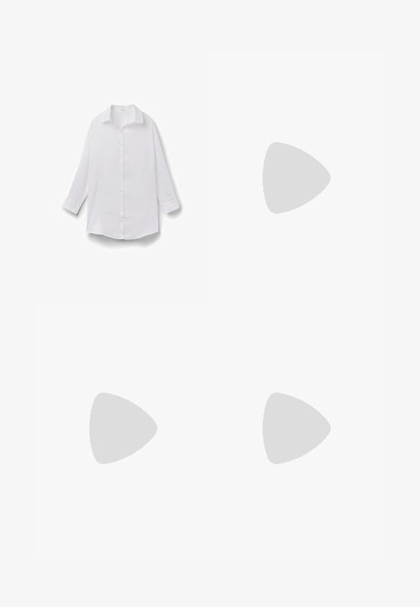 Camisa blanca de manga larga con cuello, puños con botones y un ajuste relajado, mostrada sobre un fondo blanco liso.; Pantalones cortos de denim azul claro con cintura alta, costuras visibles, dos bolsillos delanteros y cierre de botón de metal. Textura suave.; Sandalia deslizante de cuero marrón con una correa ancha que presenta un recorte rectangular, suela plana y costuras blancas visibles sobre un fondo blanco.; Bolsa tejida a rayas en negro y beige, con un diseño holgado, superficie texturizada y un pequeño parche de cuero.