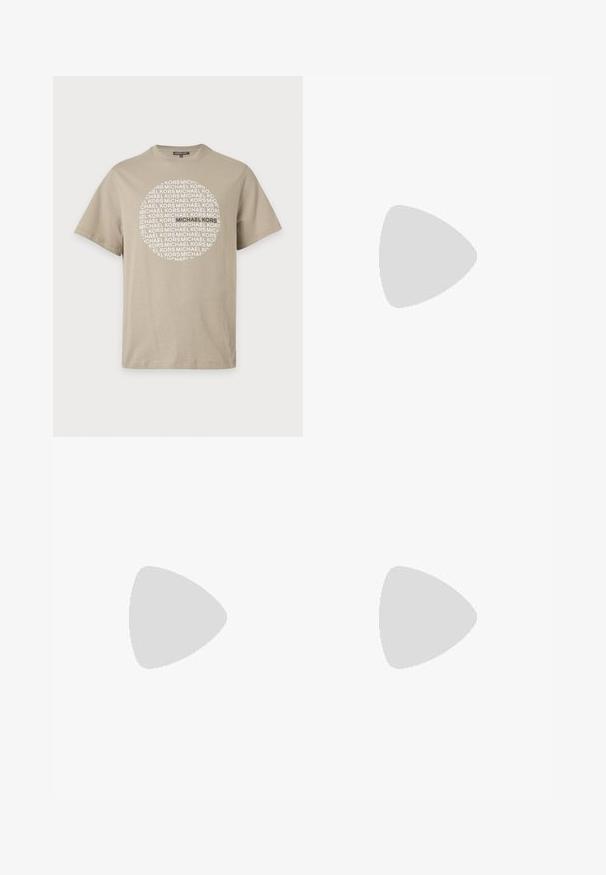 T-shirt beige manches courtes avec un motif circulaire de texte répété "MICHAEL KORS" en blanc sur le devant.; Pantalons gris foncé à taille élastique avec une coupe décontractée. Présentent des poignets froncés et une broderie subtile sur les côtés. Tissu léger.; Baskets basses marron à profil bas avec lacets blancs, semelle beige, dessus en tissu et daim, languette latérale et logo "Tiger of Sweden" en texte doré.; Sac banane en tissu marron foncé avec poche zippée en diagonale et petit logo blanc sur le devant, sur un fond clair uni.
