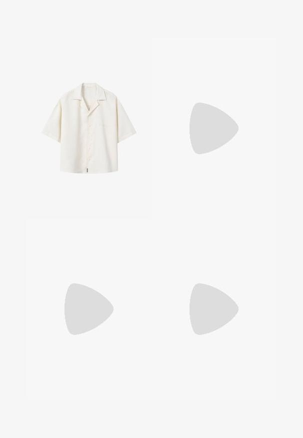 Camisa de manga corta de color crema con botones, cuello tipo camp y texto bordado sutil en el pecho izquierdo.; Pantalones cortos beige casual con cintura elástica, cordón ajustable y bolsillos laterales, colocados planos sobre un fondo blanco.; Chanclas negras hechas de material suave, con una tira estilo thong, planta texturizada y logo en relieve en la suela.; Gafas de sol aviador de metal dorado con grandes lentes verdes oscuros, que cuentan con un marco delgado y almohadillas nasales transparentes para mayor comodidad.