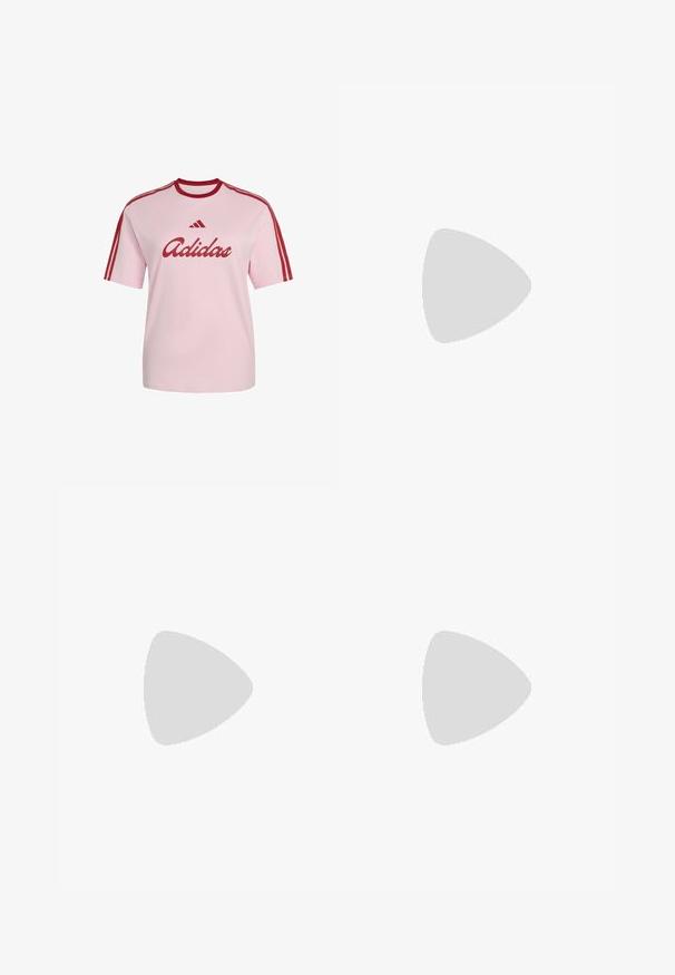 T-shirt Adidas rose clair avec col rouge, trois bandes rouges sur les manches et logo Adidas rouge avec inscription sur le devant.; Leggings noirs en tissu extensible, dotés d'une large taille élastique et de trois rayures blanches horizontales près des bas des jambes.; Baskets en cuir blanc avec des rayures bleu clair, bout texturé, et chaussettes blanches mi-mollet. Présentées sur une surface de tapis bleu.; Ceinture en cuir noir avec une texture lisse, design à bande large, mettant en avant un accent noué à l'avant et une forme simple et épurée.