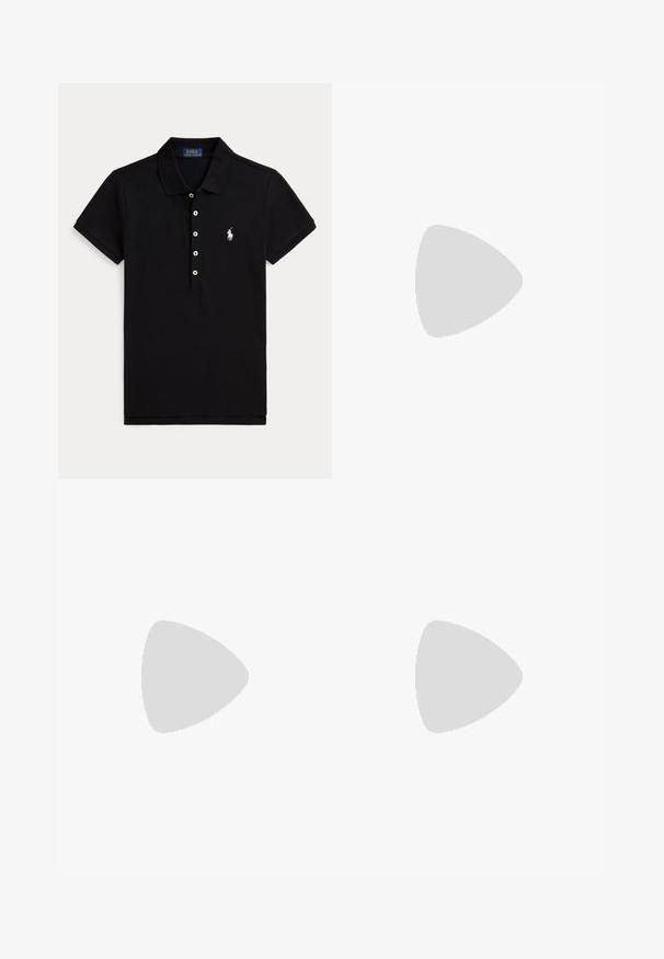 Must lühikeste varrukatega polosärk valgete nuppude, krae ja valge tikitud Polo Ralph Laureni logoga vasakul rinnal.; Zebra-prindiga seelik, millel on tekstuuriga pind ja vahelduvad pruunid ja tan värvid. Lähedalt sobiv disain ulatub üle põlve.; Mustast seemisest kõrge kontsaga sandaal kitsaste pahkluu rihma ja kuldse pandlaga, avatud varbaga ja mõõduka kontsaga tavalise valge taustaga.; Must have nahkakott kaareva siluetiga, metallist lukuga ja lühikese käepidemega. Omab kuldseid metallosi ja esiosas on reljeefne logo.