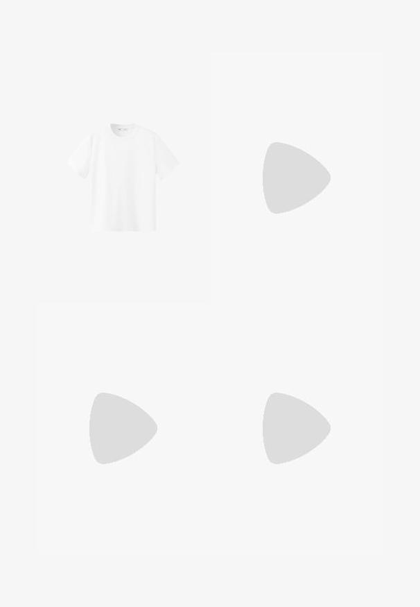T-shirt uni blanc à manches courtes et col rond, présenté à plat sur fond blanc avec l'étiquette de la marque visible à l'intérieur du col.; Jupe midi bleu marine à pois blancs, taille haute et ourlet asymétrique.; Sandale blanche à talon avec des pois noirs, bout ouvert, fines brides et un petit nœud à l'avant, vue de profil.; Sac à bandoulière en cuir marron avec une longue sangle réglable et une fermeture éclair, avec une couture lisse sur le panneau.