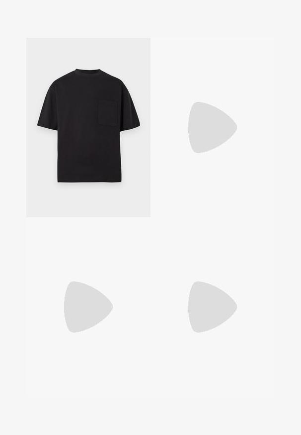 T-shirt noir à manches courtes en coton. Doté d'un col rond et d'une poche poitrine unique. Design simple et épuré sans motifs.; Jean en denim noir à jambes droites avec cinq poches, fermeture à bouton et passants de ceinture, posés à plat sur un fond blanc.; Mocassin en cuir noir avec semelle épaisse crantée et détail de bride penny, présenté en profil droit sur fond blanc.; Sac cabas noir avec poche zippée à l'avant et double poignée, posé sur un fond clair uni.