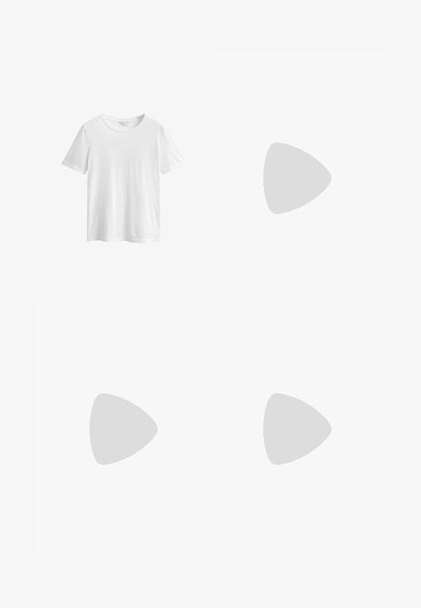 Effen witte korte mouw katoenen T-shirt met ronde hals en GANT-merklabel binnenin de kraag, afgebeeld op een witte achtergrond.; Knielange rok met een diagonaal zwart-wit gestreept patroon, gemaakt van een lichte stof met een zachte textuur en een uitlopend zoom.; Zwarte leren open teen muiltjes met een lage hak. Heeft een glad oppervlak en een gouden logo accent aan de zijkant.; Twee glanzende gouden hoepel oorbellen in een gebogen ontwerp, met oranje accenten bij de oorpost, tegen een eenvoudige witte achtergrond.