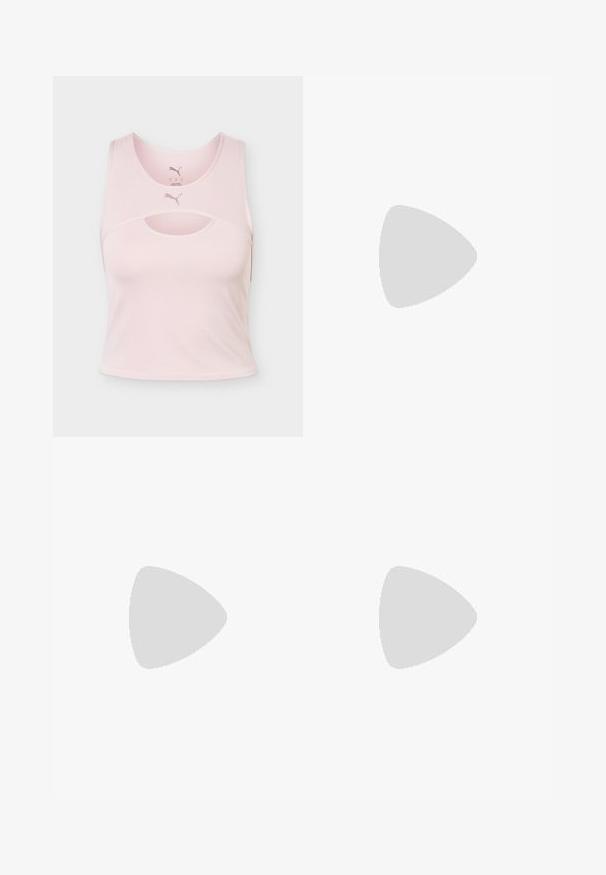 Top deportivo corto sin mangas de color rosa claro con escote redondo, detalle recortado y logo de Puma en el centro delantero y en el interior del cuello.; Shorts atléticos negros hechos de una tela elástica. Diseño de cintura alta con el texto y el logo en blanco "HYROX" en la parte inferior izquierda. Textura suave.; Zapatillas ligeras con un diseño en beige y rosa pálido, parte superior de malla, suela acolchada y sutiles acentos de logotipo en el lateral.; Bolso tote Puma con estampado rojo y negro, con bolsillos laterales de malla negra, asas dobles superiores y una correa negra ajustable para el hombro.