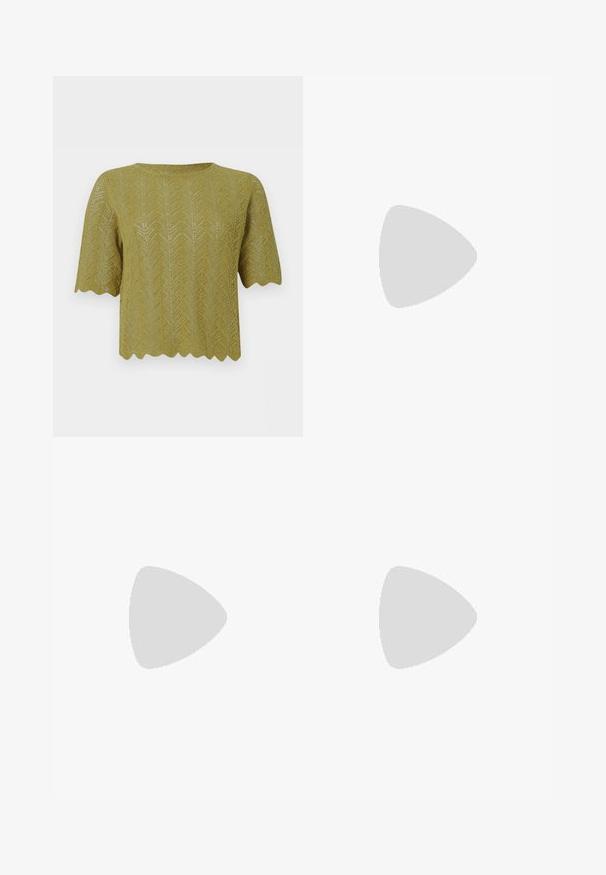 Olive rohelise lühikeste varrukatega pitsist top, millel on kalasaba muster ja lainelised ääred varrukatel ja alläärel.; Must mustriga midi seelik ribaga vöökoha kohal, millel on tekstureeritud kangas, külgsisekurvik ja vertikaalsed jooned kogu kujunduses.; Beežist lõuendmaterjalist kanna tagaotsaga king, millel on terav nina, pruun logomuster, avatud konts ning lame tald. Tekstureeritud pealiskate ja sile sisetald.; Mustvalge ruuduline kandekott pikkade mustade käepidemetega ja väike kolmnurkne Guessi logo keskel lähedal ülemisele servale.