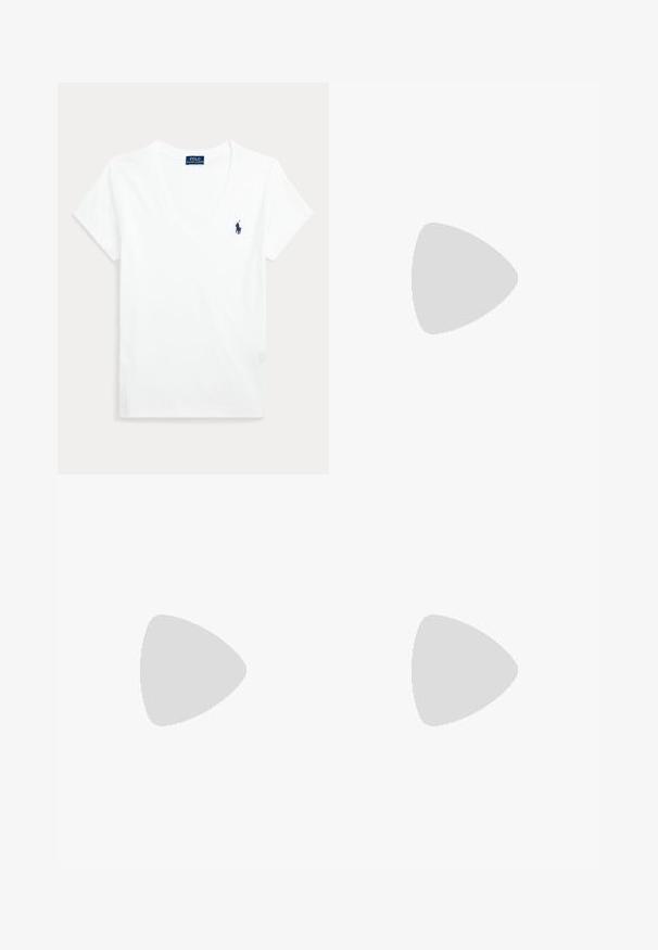 Weißes kurzärmeliges V-Ausschnitt-T-Shirt mit kleinem marineblauem Polo Ralph Lauren-Logo auf der linken Brust.; Navy, hoch taillierte Hose aus glattem Stoff. Verfügt über ein Falten-Design und umgeschlagene Bündchen für einen maßgeschneiderten Look.; Weißer Sneaker mit brauner Sohle, roten und blauen Streifendetails und schwarzem Fersenriegel, seitlich auf neutralem Hintergrund gezeigt.; Schildpatt-Sonnenbrille mit eckigen Fassungen, braunen Verlaufsgläsern, goldfarbenen Akzenten an den Bügeln und einer glatten Kunststoffoberfläche.