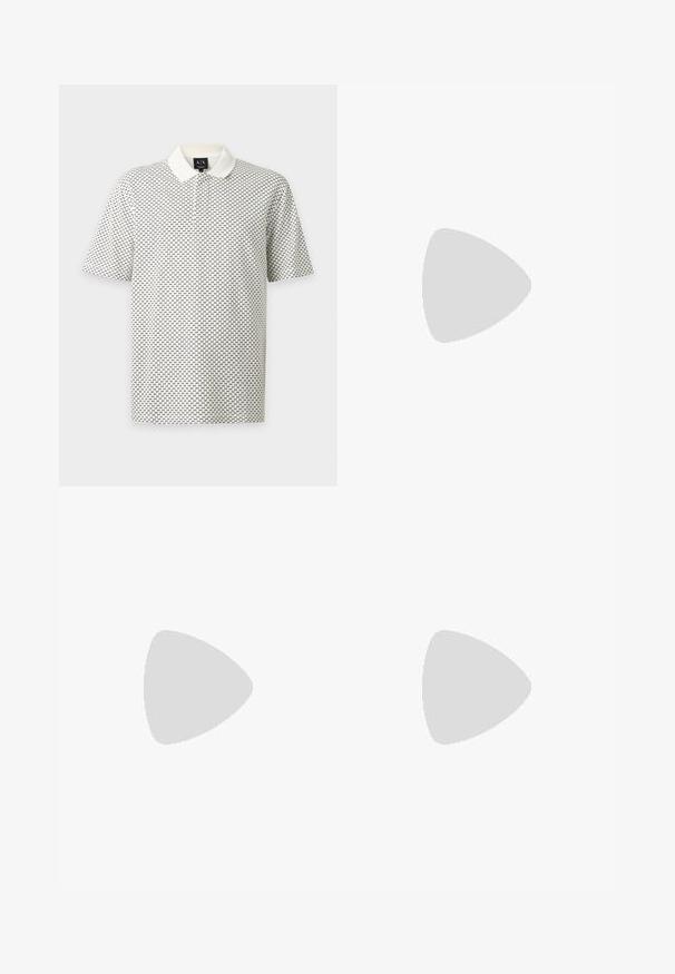 Polo blanc à manches courtes avec un petit motif noir "AX" en all-over et un col blanc uni sur un fond uni.; Shorts noirs décontractés avec une ceinture élastique et un cordon de serrage réglable, dotés de poches latérales et d'un ourlet droit.; Baskets basses en cuir noir avec surface texturée, lacets noirs et semelle en caoutchouc épaisse, présentées de côté sur un fond clair.; Sac bandoulière carré noir avec fermeture éclair, poche avant et sangle réglable avec nom de marque embossé.