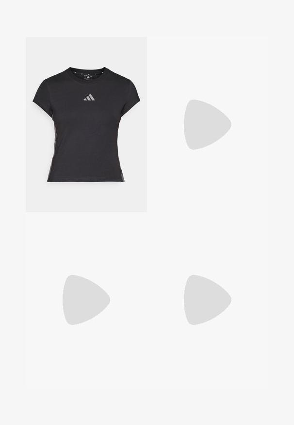 Camiseta atlética negra de manga corta, con cuello redondo y un logo reflectante en el pecho. Presenta acentos laterales con patrón.; adidas Sportswear TIRO  - Pantalón corto de deporte - true pink/black; Zapatilla deportiva beige con acentos grises, parte superior de malla y suela texturizada. Cuenta con tres rayas grises y detalles interiores en rosa.; Bolsa de lona color púrpura claro hecha de material brillante, con dos asas, una correa de hombro desmontable y un bolsillo delantero con cremallera y logo.
