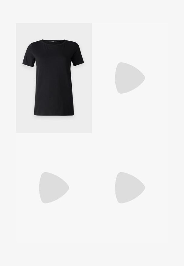 Weekend Max Mara T-shirts basic - nero; Blå denim jeans med høj talje, bred ben silhuet, klassisk fem-lomme design og subtilt falmende effekt i hele stoffet.; Brun åben-tå mule sandal med flettede overremme og en mellemhøj, buet hæl på en helt hvid baggrund.; Brun flettet læderhåndtaske med en enkelt strop og to store runde trælukninger på toppen.