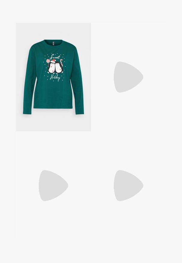 Camiseta de manga larga en color verde azulado con dos pingüinos de dibujos animados adornados para las fiestas, rodeados de copos de nieve blancos y el texto "Dulces Festividades."; Pantalones de punto negro acanalados con un diseño de pierna ancha y cinturilla elástica, que presentan una textura suave y un estilo minimalista.; Zapatos de charol negros con una suela de plataforma gruesa y cordones gruesos. Punta redondeada, detalles mínimos y una pequeña lengüeta en la parte trasera.; Gafas de sol negras y angulares con lentes grises; fabricadas en plástico, con varillas gruesas de superficie suave y sin herrajes visibles.