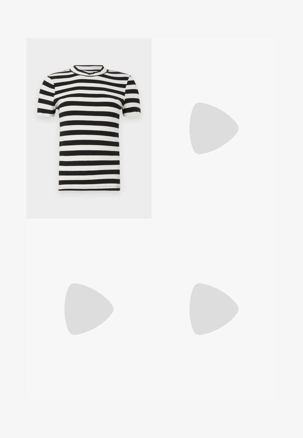 Camiseta de tirantes cortos a rayas en blanco y negro con un cuello redondo y una silueta ajustada. Textura suave en toda la prenda.; Mini falda de mezclilla en azul medio, con un corte recto, ligero abertura lateral y costuras limpias a lo largo del dobladillo y las costuras.; Zapato plano de cuero negro con punta redondeada, una sola correa ajustable con hebilla y una textura suave y brillante. Diseño minimalista con un tacón bajo.; Bolso de hombro de cuero marrón oscuro con una forma suave y caída, y un asa con nudo torcido sobre un fondo blanco liso.