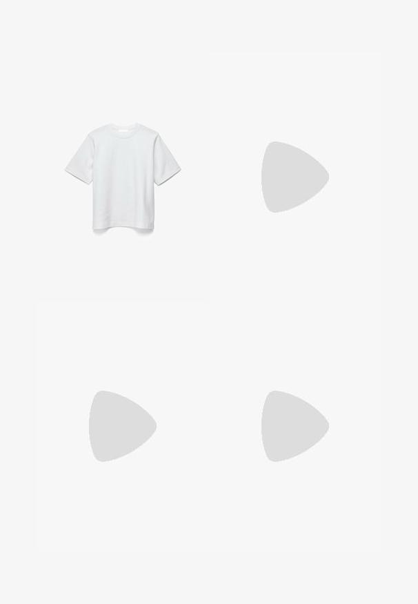 Schlichtes weißes T-Shirt mit kurzen Ärmeln und Rundhalsausschnitt flach auf weißem Hintergrund ohne Muster oder Logos.; Stradivarius Jeans Shorts - white denim; Schwarze Lederstiefel bis zum Knie mit weiter Schaftweite, seitlichem Reißverschluss und Schnallenakzent, strukturierter Oberfläche und robuster Gummisohle.; Olivgrüne Lederhandtasche mit doppelten Griffen, Frontreißverschlusstasche, Schnallendetails und langen Quasten auf weißem Hintergrund.