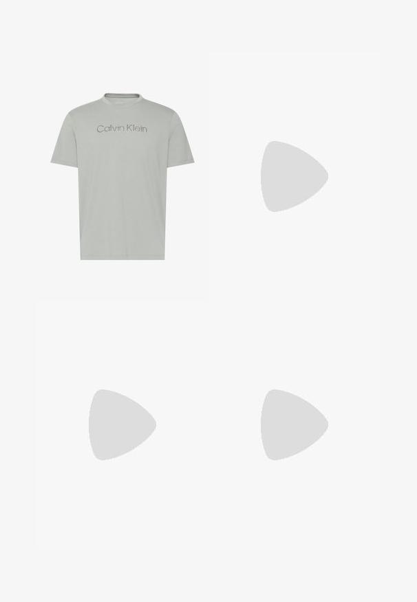Hellgraues T-Shirt mit kurzen Ärmeln und rundem Hals, mit dem "Calvin Klein"-Logo in passendem grauen Garn quer über der Brust bestickt.; Helleblaue Denim-Jeans mit geradem Schnitt, Fünf-Taschen-Design und leichter Ausbleichung. Mit metallischem Knopf und Reißverschlussverschluss.; Weiße Sneaker mit einer Gummisohle, flachen Schnürsenkeln und einem braunen Wildleder-Heel-Akzent. Mit einem dezenten, geprägten "cK"-Logo an der Seite.; Olivgrüne Leder-Gürteltasche mit Frontreißverschlusstasche und kleiner, rechteckiger Metallplakette mit Calvin Klein Logo.