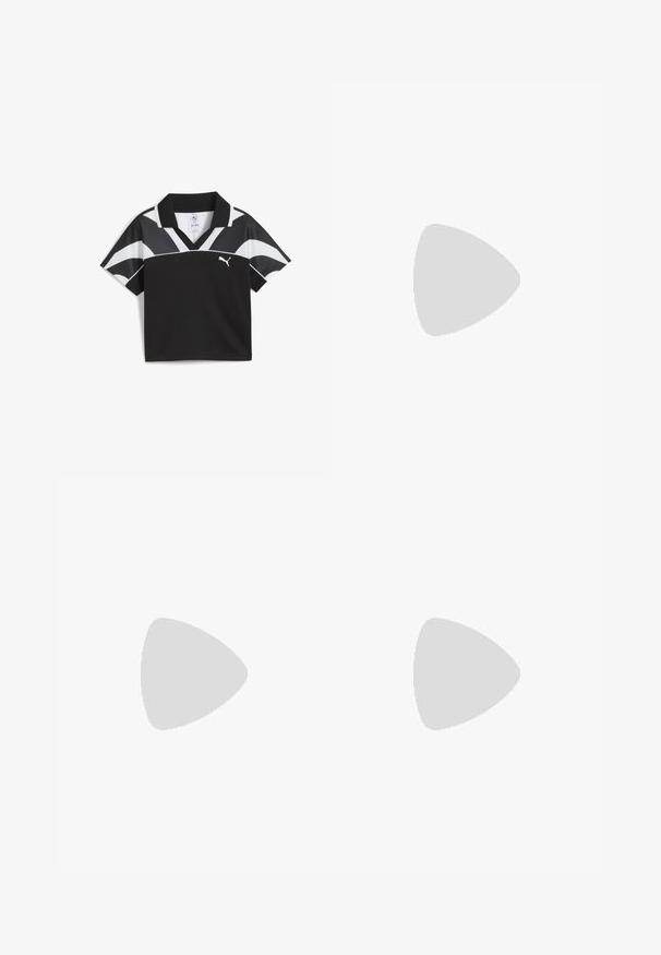 Polo shirt noir à manches courtes avec des accents blancs et un design à col en V. Fabriqué en matériau respirant, avec un petit logo sur la poitrine.; Pantalon de sport noir avec une taille élastique, boutons-pression sur les côtés et logo Puma blanc à l'avant. Fabriqué en tissu léger.; Chaussure plate en daim Puma gris clair avec logo blanc, lacets à l'avant, côtés découpés et semelle beige texturée, vue du côté extérieur.; Petit sac à main Puma argent métallisé avec deux poignées supérieures, une longue bandoulière, logo sur le devant et fermeture zippée sur fond uni clair.