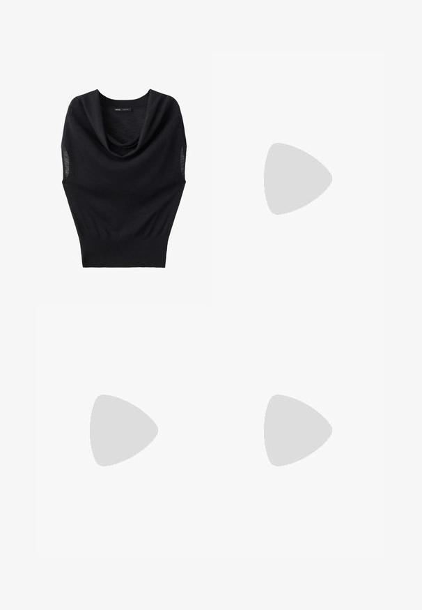 Top noir sans manches en maille avec un large col bénitier et une ceinture côtelée ajustée, étiquette de la marque visible à l'intérieur de l'encolure.; Pantalons noirs en tissu lisse, avec des jambes larges et un bord en fausse fourrure. Le design offre une coupe décontractée adaptée à diverses occasions.; Escarpins à talon slingback en cuir verni beige avec un bout pointu et un talon de 5 cm, présentant des côtés découpés et une fine bride à la cheville.; Sac cabas en cuir noir avec de longues anses fines, une surface texturée et une ouverture large en haut.