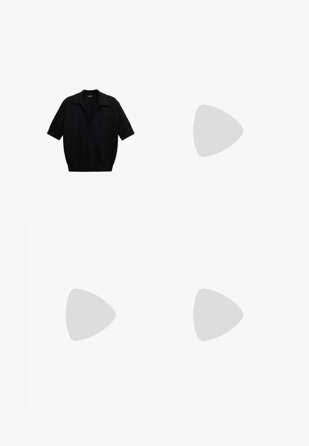 Sort kortærmet strikket sweater med bred krave og dyb V-udskæring, ribkant og afslappet pasform.; Sorte shorts med højtaljet snit, bæltestropper og folder, med vid benudskæring og enkel kantdetalje.; Sort Adidas sneaker med hvide striber og beige sål, fanget i luften over en stenet overflade og baggrund af en stenmur.; Sort læder tote taske med en buet topkant, enkelt skulderrem og glat tekstur. Har diskret sømdetaljering på forsiden.