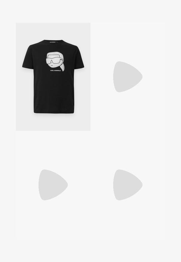 Sort bomulds t-shirt med en hvid grafik af en stiliseret karakter iført store solbriller, med teksten "KARL LAGERFELD" under billedet.; Sorte skræddersyede bukser med et tekstureret mønster af tynde hvide lodrette linjer, en lige pasform og en knaplukning i taljen.; Hvid Karl Lagerfeld sneaker med sort tekstlogo og gennemsigtig tyk sål på en ensfarvet lys baggrund.; Sort læder håndtaske med tekstureret geometrisk mønster, der har en lynlåslomme og sølvhardware detaljer. Kompakt og kantet design.
