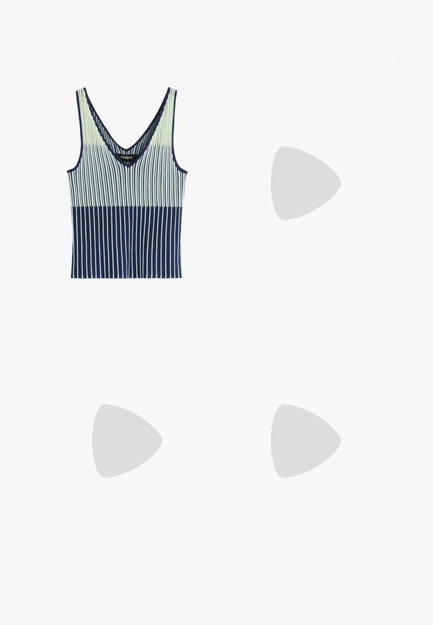 Ærmeløs strikket tanktop med lodrette striber i marineblå, lyseblå og blegegule farver og en V-udskæring.; Lyseblå denim nederdel til knæet med sidelomme, frontlynlås og subtile blomster mønstre nær kanten.; Mørkeblå højhælet sandal lavet af glat syntetisk materiale; har buede stropper og et unikt skulptureret hældesign.; Farverig skuldertaske med tie-dye, rynket hank, to lodrette lynlåslommer foran og justerbare snore-detaljer i siderne.