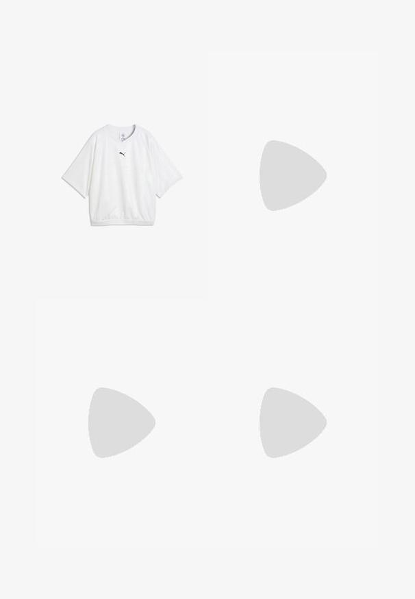Wit sportshirt met korte mouwen, ronde hals en zwart Puma-logo gecentreerd onder de halslijn.; Zwarte sportrok met een elastische tailleband, voorzien van zijpanelen in het wit en een klein logo op de zoom. Gemaakt van lichtgewicht stof.; Groene suède sneakers met witte leren accenten, geprofileerde stiksels, vetersluiting aan de voorkant en rubberen zool. Bevat unieke ontwerpelementen langs de zijkanten.; Zwarte lakleren handtas met dubbele handvatten aan de bovenkant, afneembare schouderriem, ronde vorm en opvallend gegraveerd "PUMA" logo.