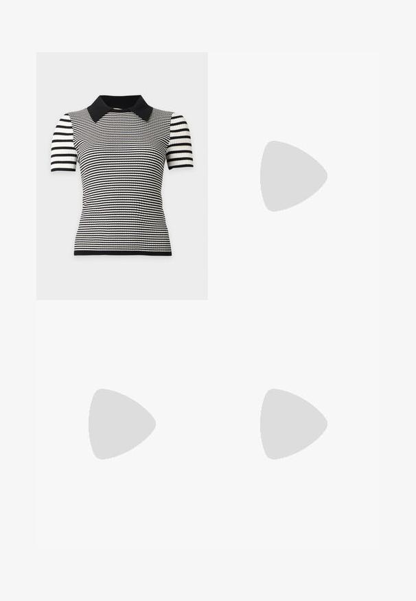 Haut en maille à manches courtes noir et blanc avec des rayures horizontales, une texture côtelée et un col pointu noir uni.; Jean taille haute à jambe large en denim bleu clair avec un léger délavage, dotés d'une fermeture à bouton et d'un accent en cuir au niveau de la ceinture arrière.; Ballerine en cuir verni noir avec un bout carré, sangle de cheville avec des détails en métal argenté et semelle plate. Texture lisse avec un design minimaliste.; Sac bandoulière en daim noir avec fermoir doré, sangle réglable et détail à franges le long du bord inférieur sur un fond uni.